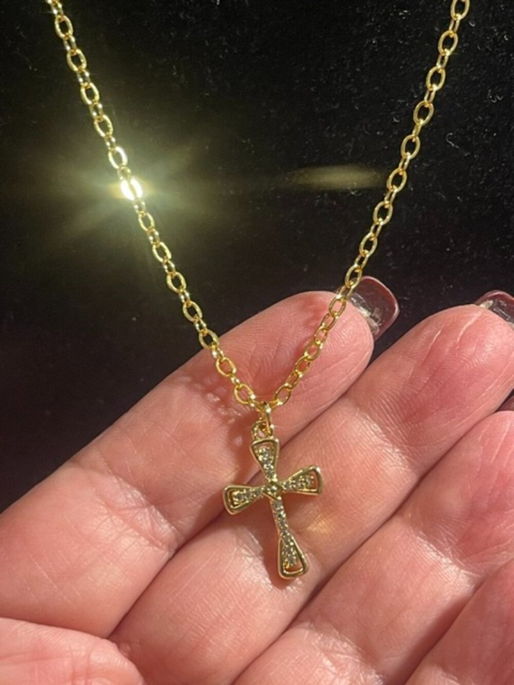 18 K Gold Plated CZ Cross Necklace Dainty Christian Pendant Handesigned New!